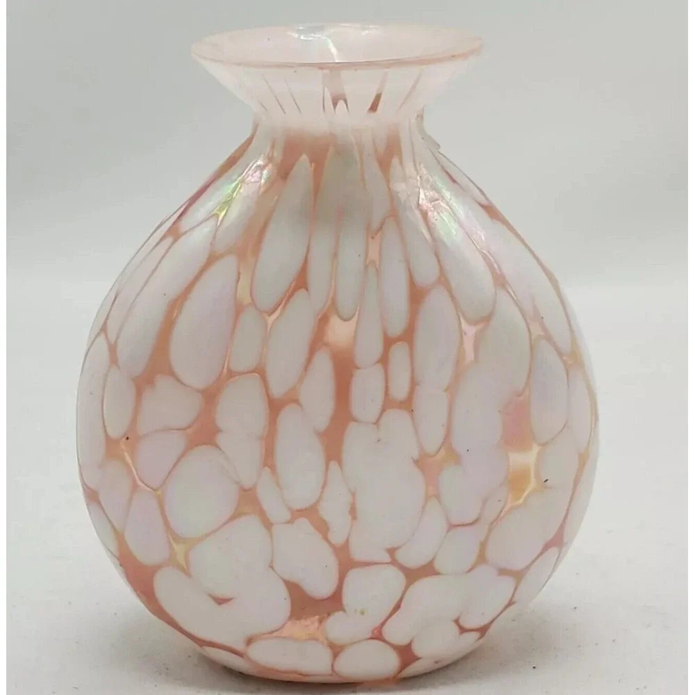 Silvestri Mouth‎ Blown Glass Iridescent Deco Pink/White Vase VINTAGE